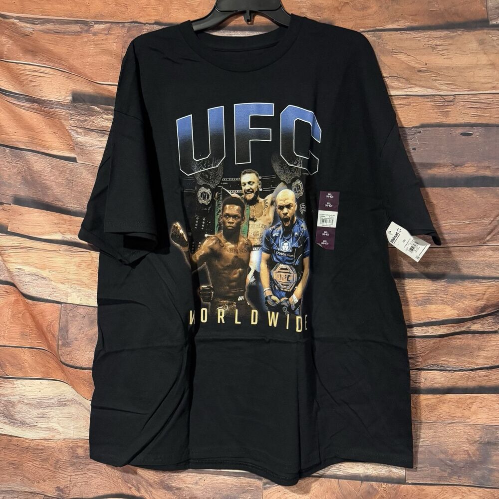 UFC Worldwide Men's 2XL Graphic T-Shirt McGregor Adesanya Poirier Black Tee NWT